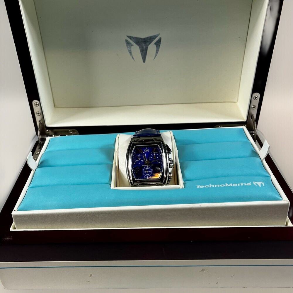 TechnoMarine Chronograph Blue Watch Technosquare TS29419 Blue Leather Band w Box - Picture 3 of 16